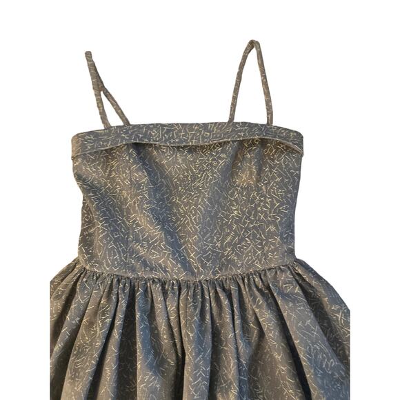 Designer S Elizabeth Dye Portland Gray Gold Print Formal Cocktail Party Dress - Picture 2 of 6